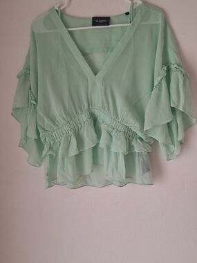 The Kooples Boho  Mint Green Ruffle V-Neck Blouse Sz 3 Or SMALL 100% VISCOSE